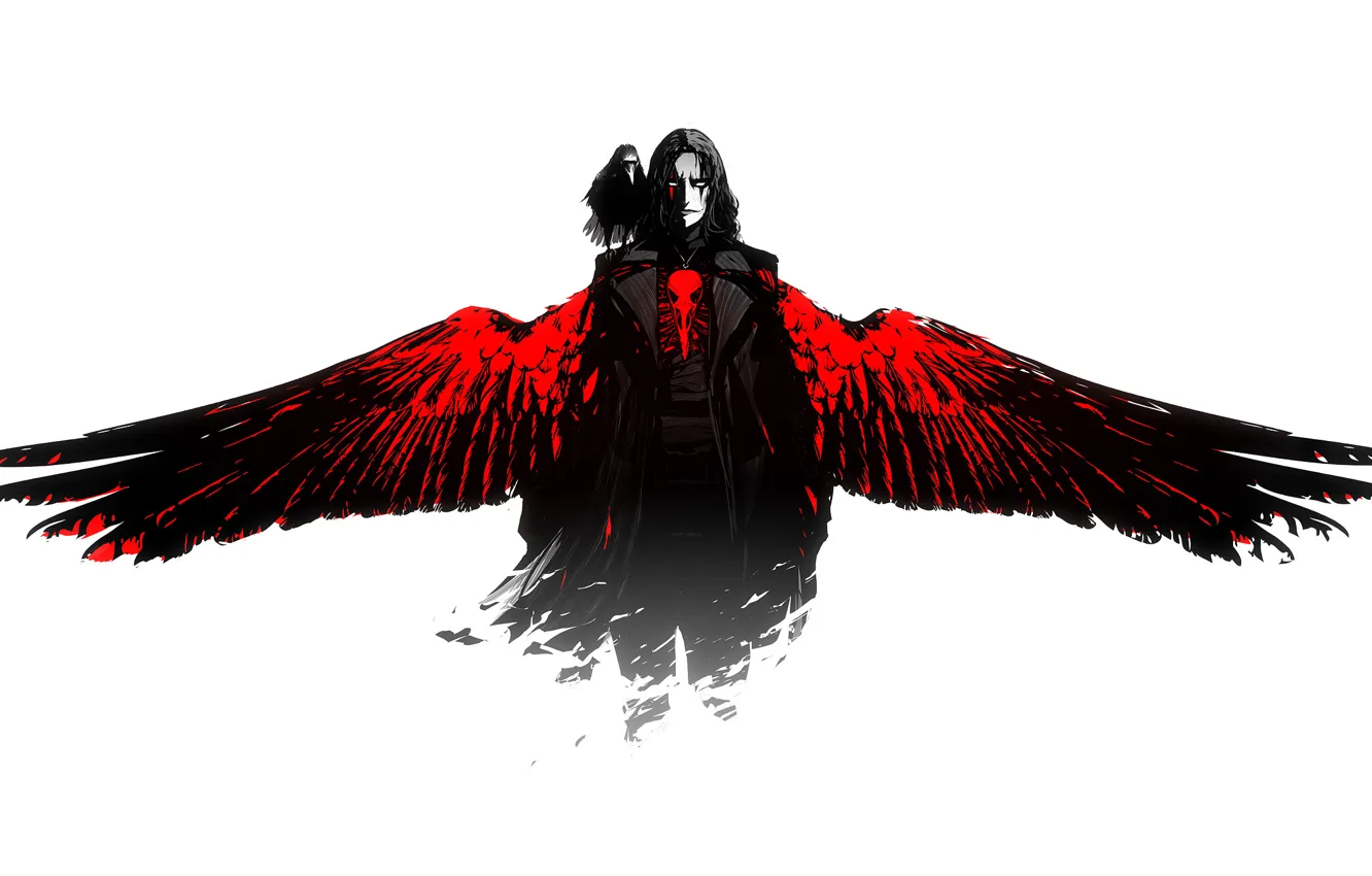 Photo wallpaper red, the film, black, wings, art, white background, guy, Raven
