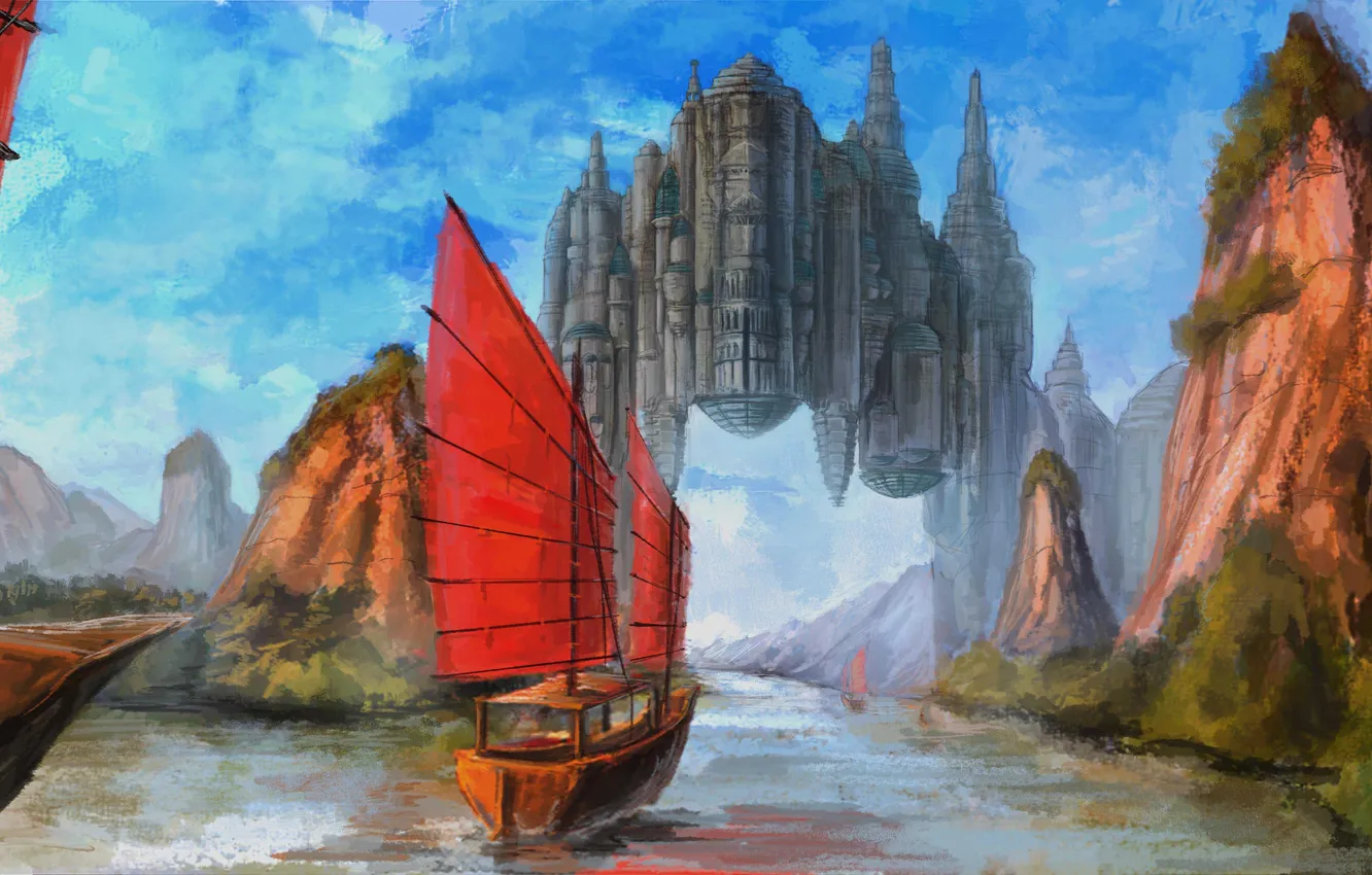 Photo wallpaper landscape, the city, river, rocks, ship, sailboat, art, arch