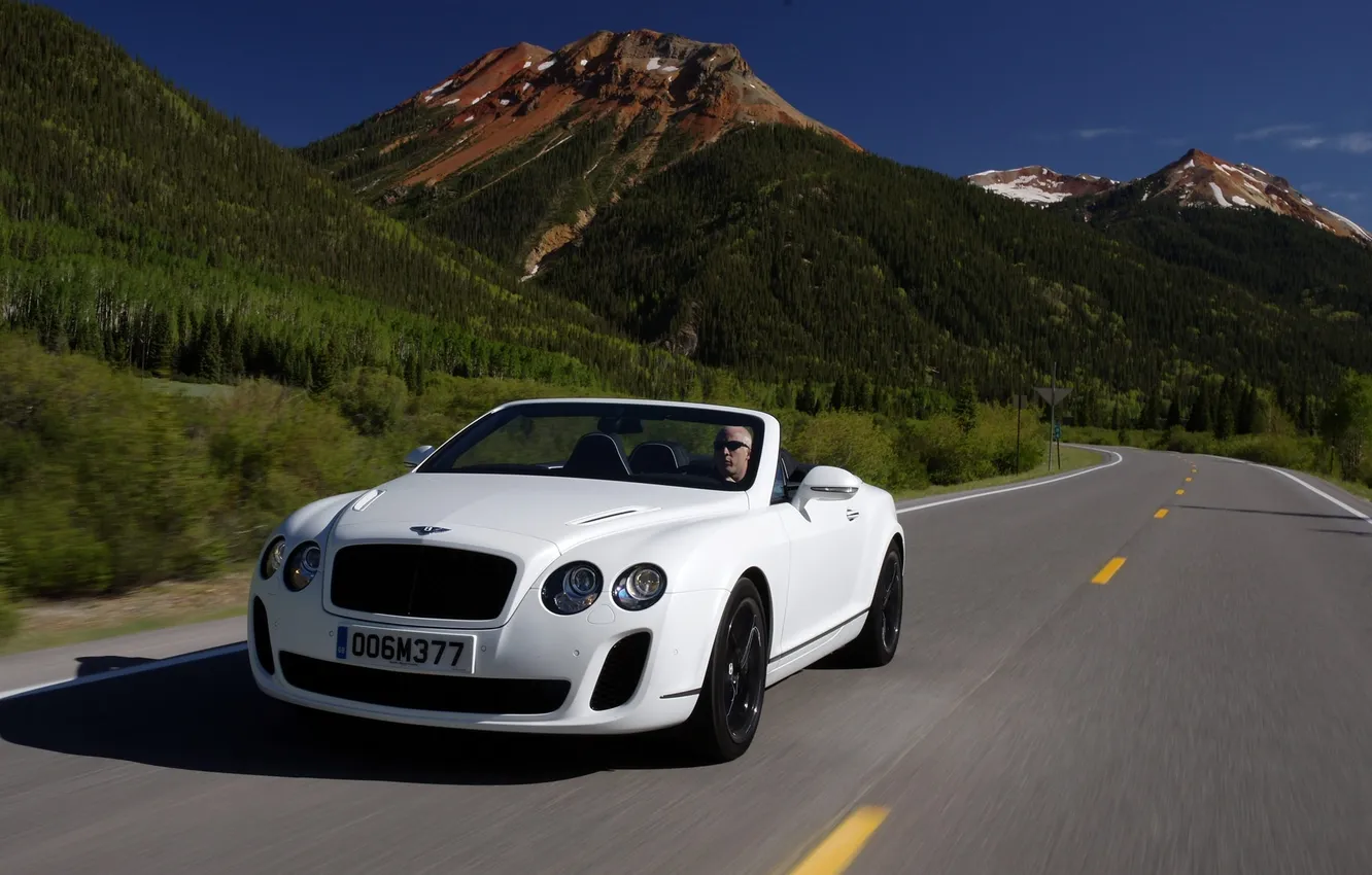 Photo wallpaper road, auto, white, mountains, Bentley, Continental, convertible, in motion
