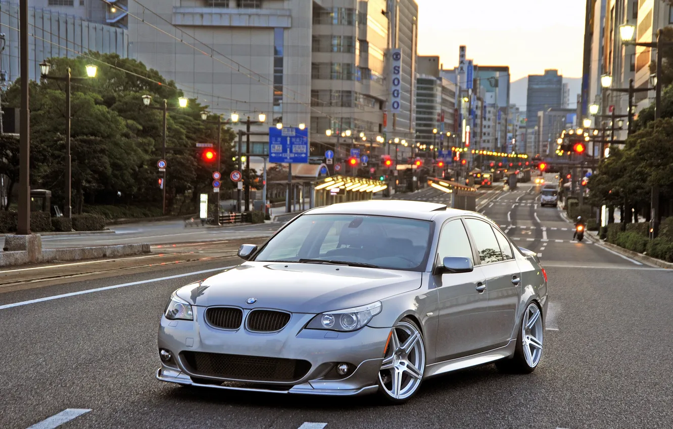 Photo wallpaper the sky, city, the city, street, building, BMW, silver, BMW