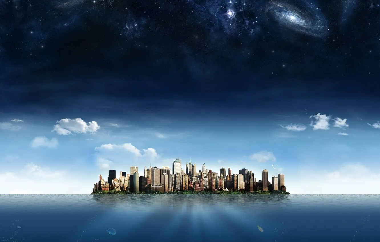 Photo wallpaper sea, stars, the city