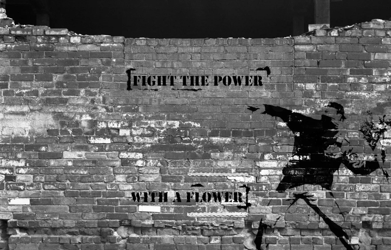 Photo wallpaper flowers, style, wall, the inscription, graffiti, brick, male