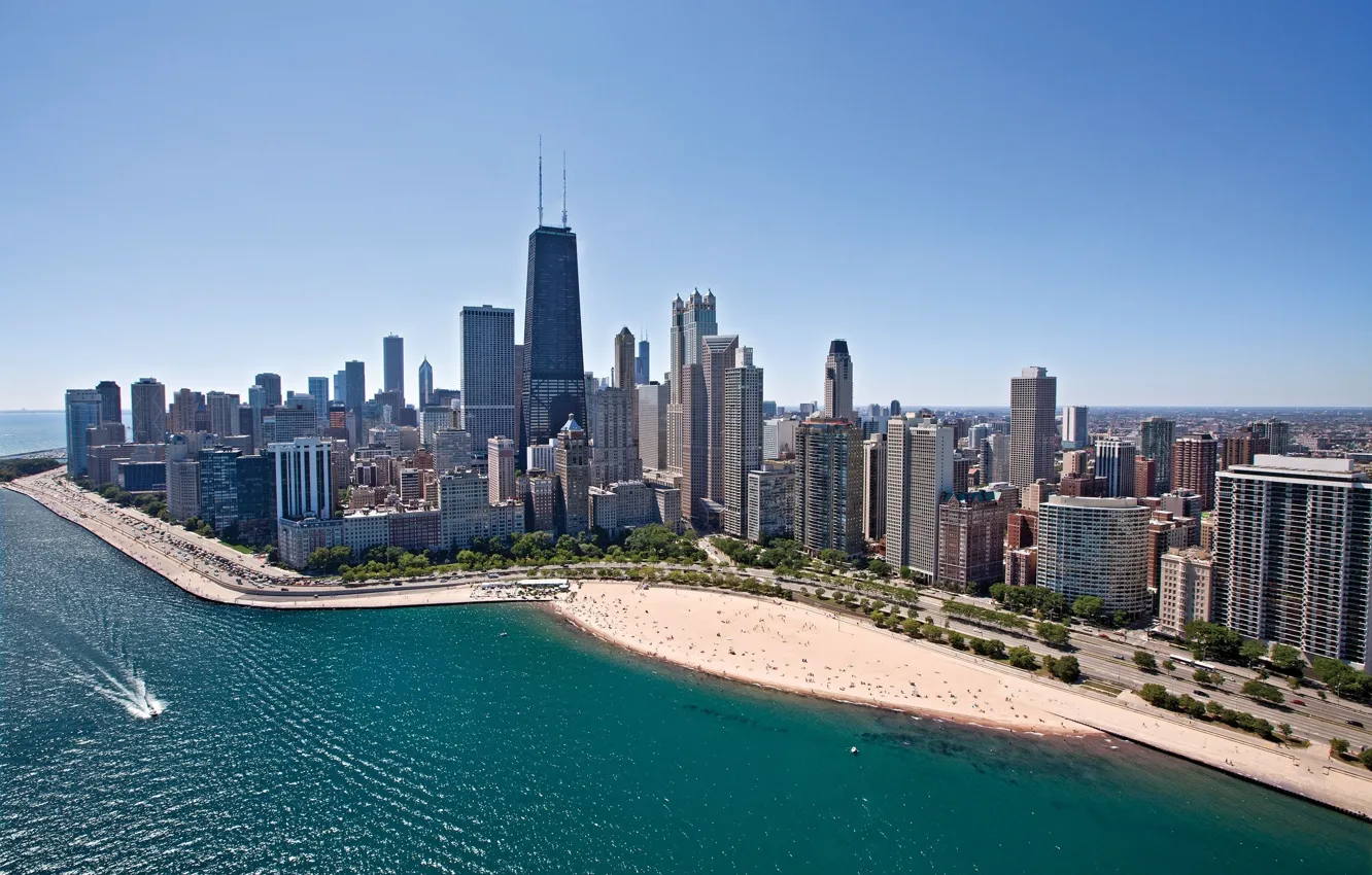 Photo wallpaper road, sea, beach, landscape, coast, home, skyscrapers, Chicago