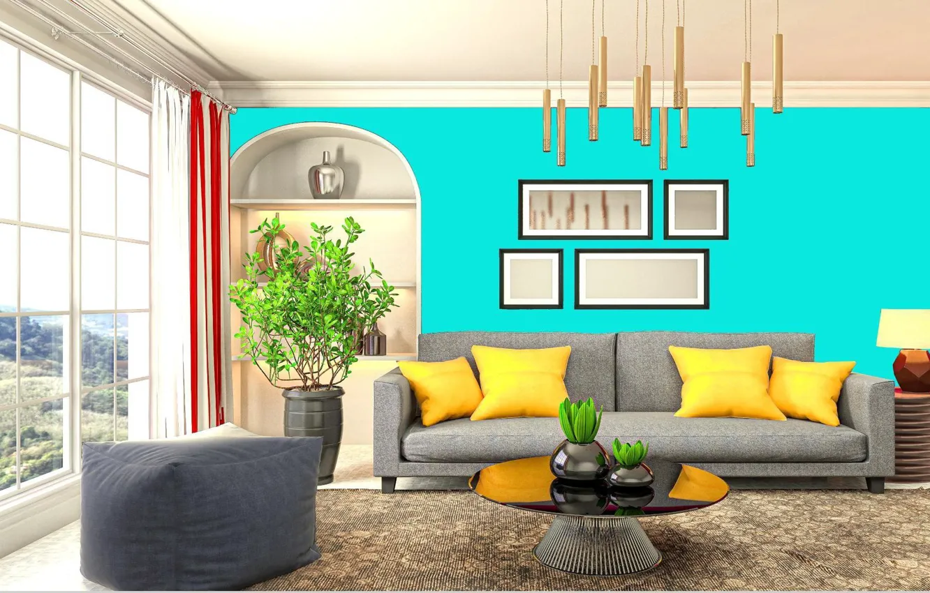 Photo wallpaper style, interior, Color trends of the 2023 year, bright turquoise color, color bright turquoise living …