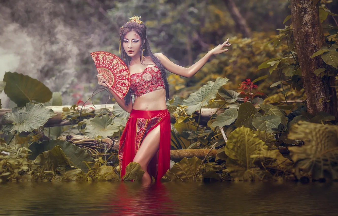 Photo wallpaper water, girl, nature, pose, style, makeup, fan, outfit