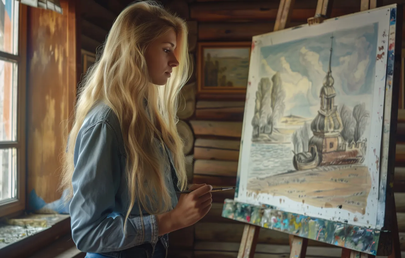 Photo wallpaper girl, hair, picture, blonde, artist, easel, digital art, AI art