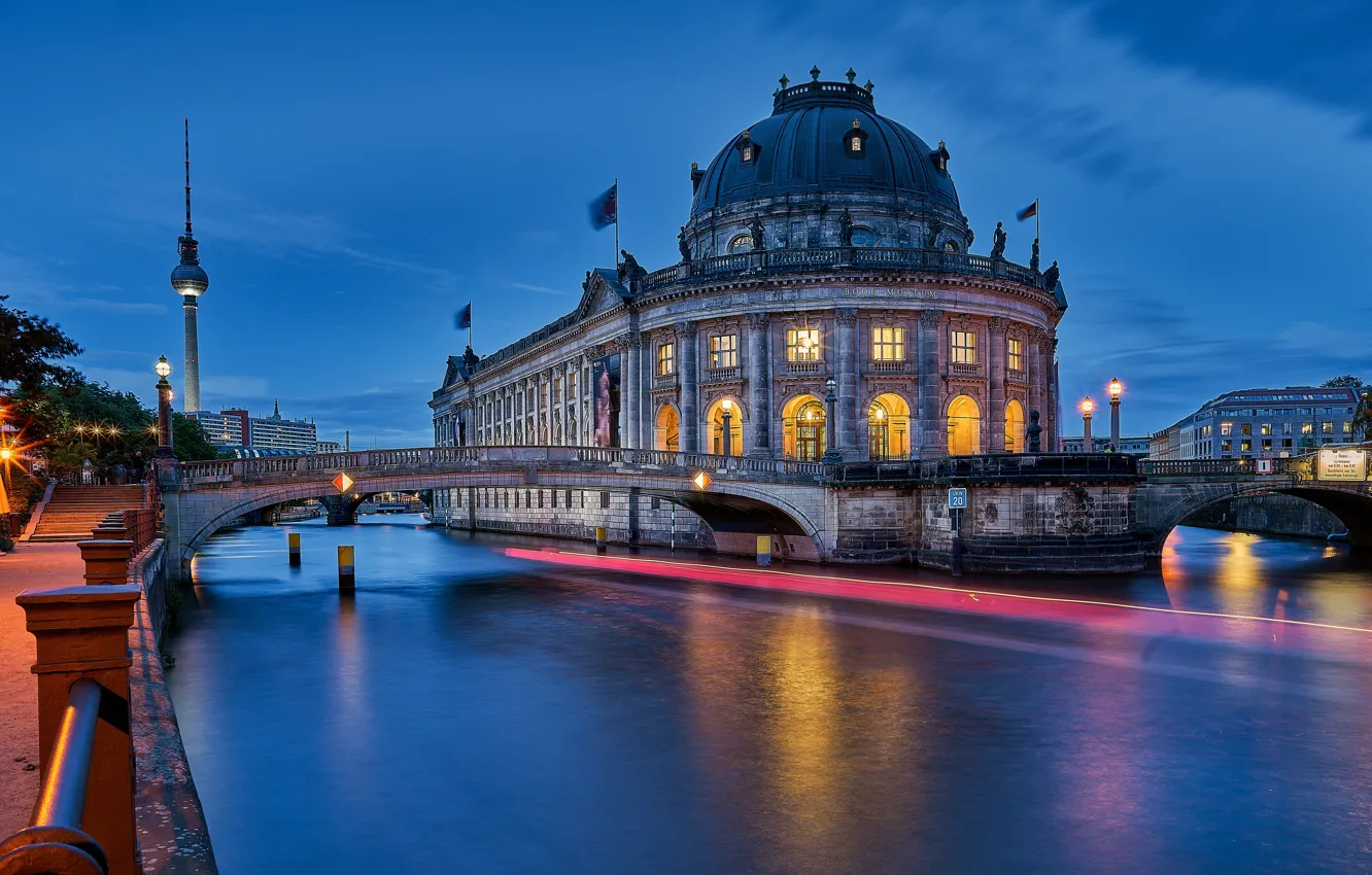 Photo wallpaper bridge, river, the evening, Germany, Berlin, Bode-Museum