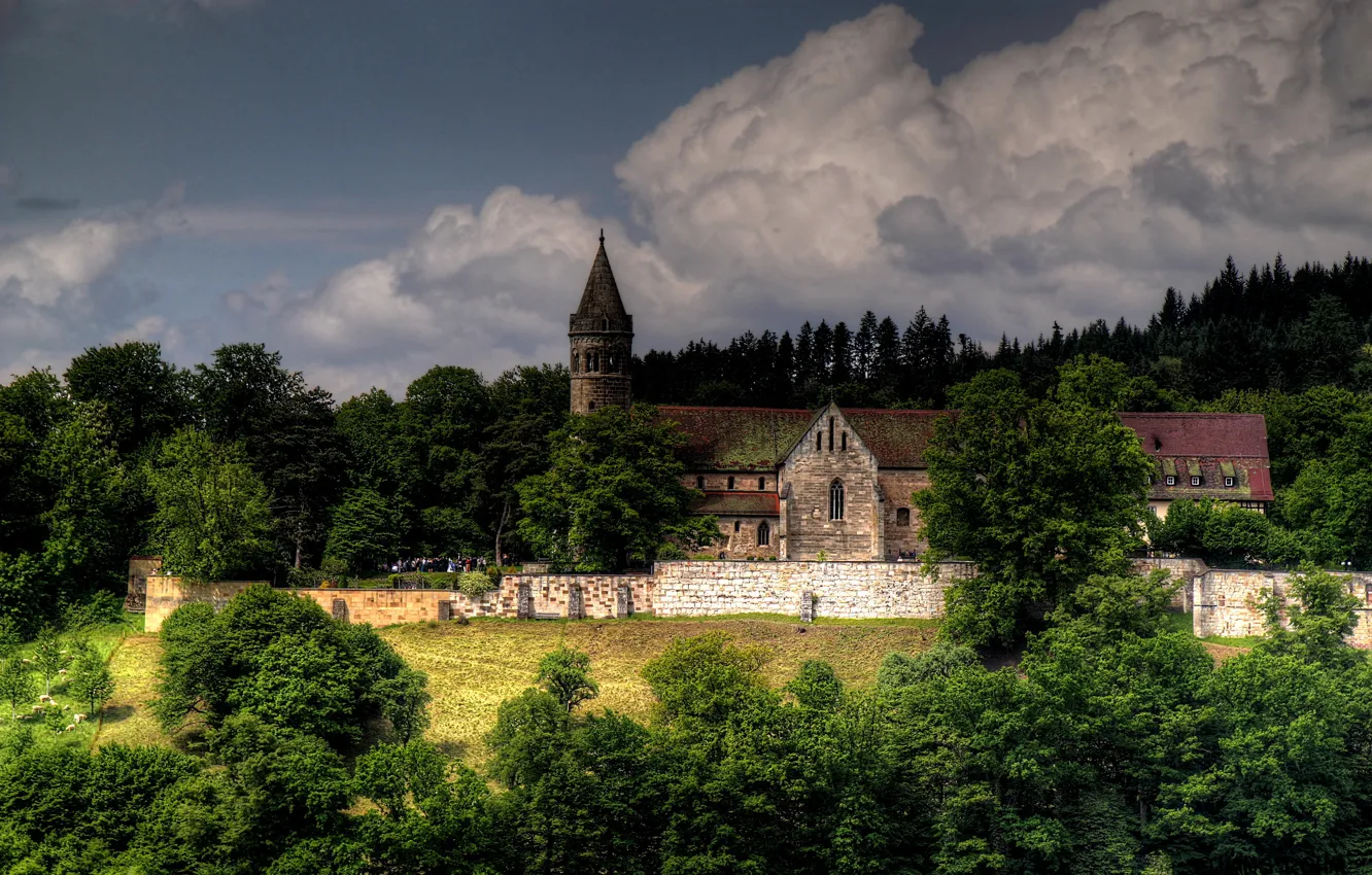 Photo wallpaper forest, summer, the sky, castle, building, Germany, Lorch