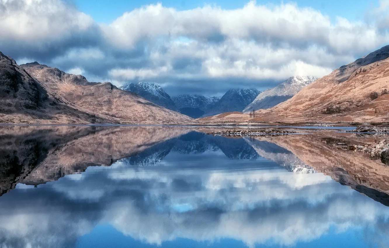 Photo wallpaper mountains, lake, reflection, blue