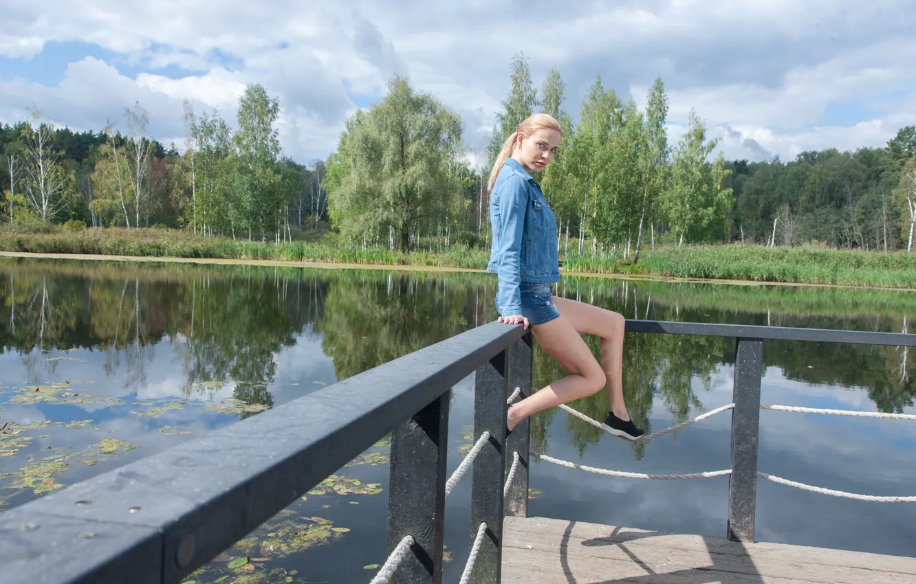 Photo wallpaper forest, shorts, Dock, sky, trees, nature, ponytail, model