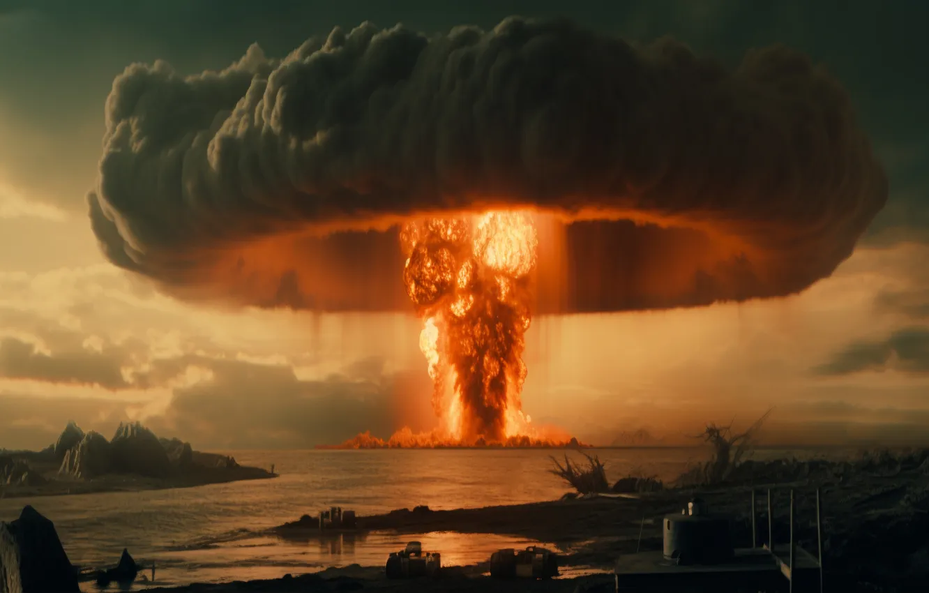 Photo wallpaper Clouds, Sea, Fire, Mushroom, The explosion, Digital art, A nuclear explosion, AI art