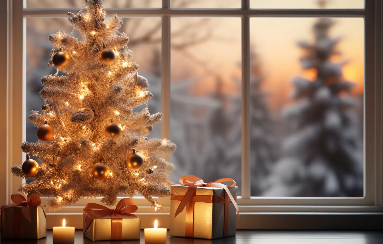 Photo wallpaper winter, snow, decoration, room, tree, new year, interior, Christmas
