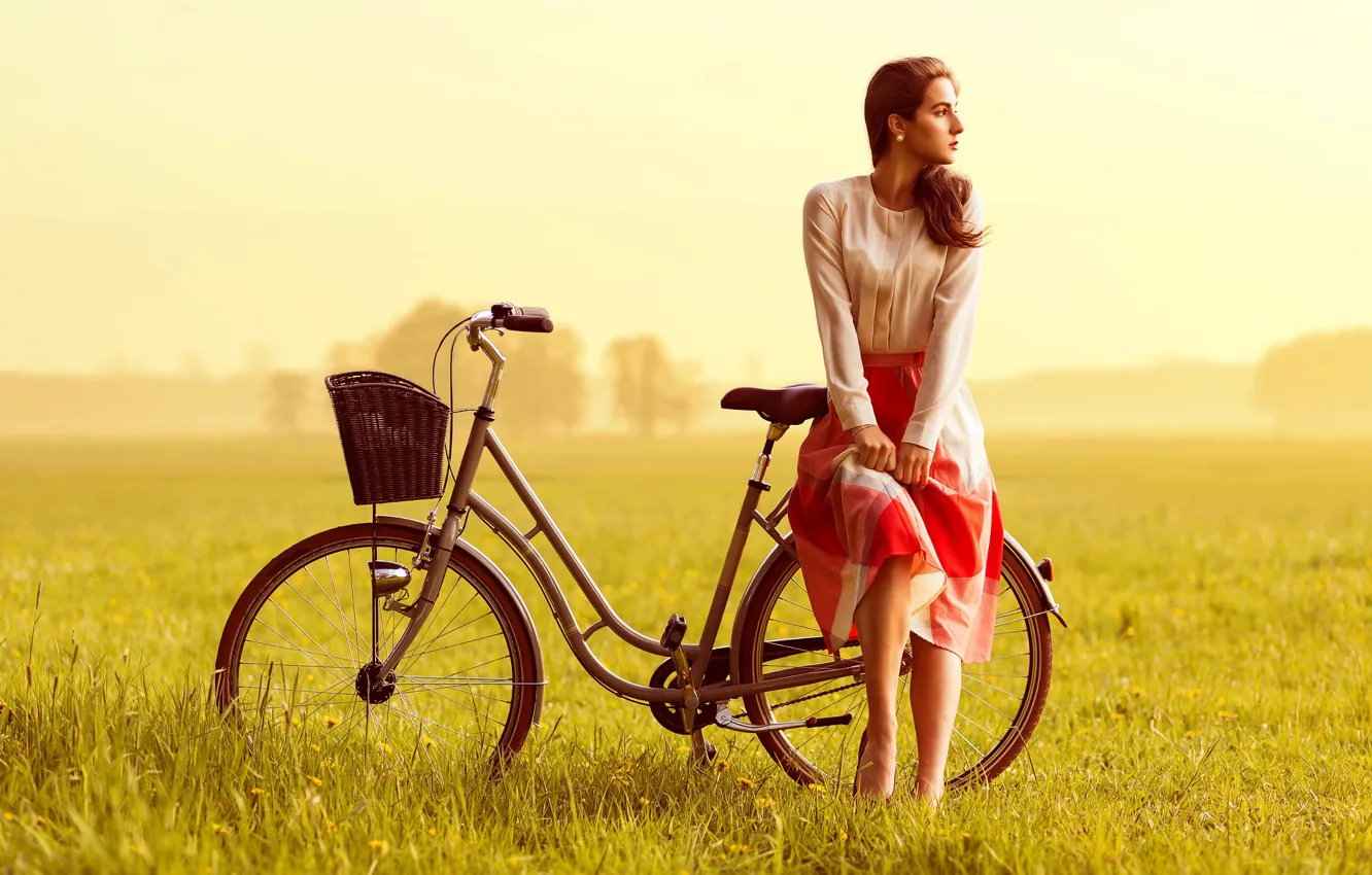 Photo wallpaper summer, look, girl, nature, bike, pose, skirt, legs