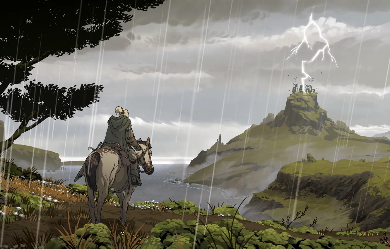 Photo wallpaper Horse, Figure, People, Lightning, Rain, Horse, Hills, Landscape