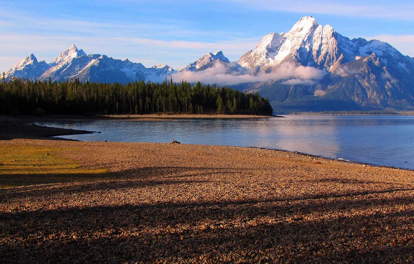 Photo wallpaper the sky, clouds, snow, trees, mountains, lake, shore