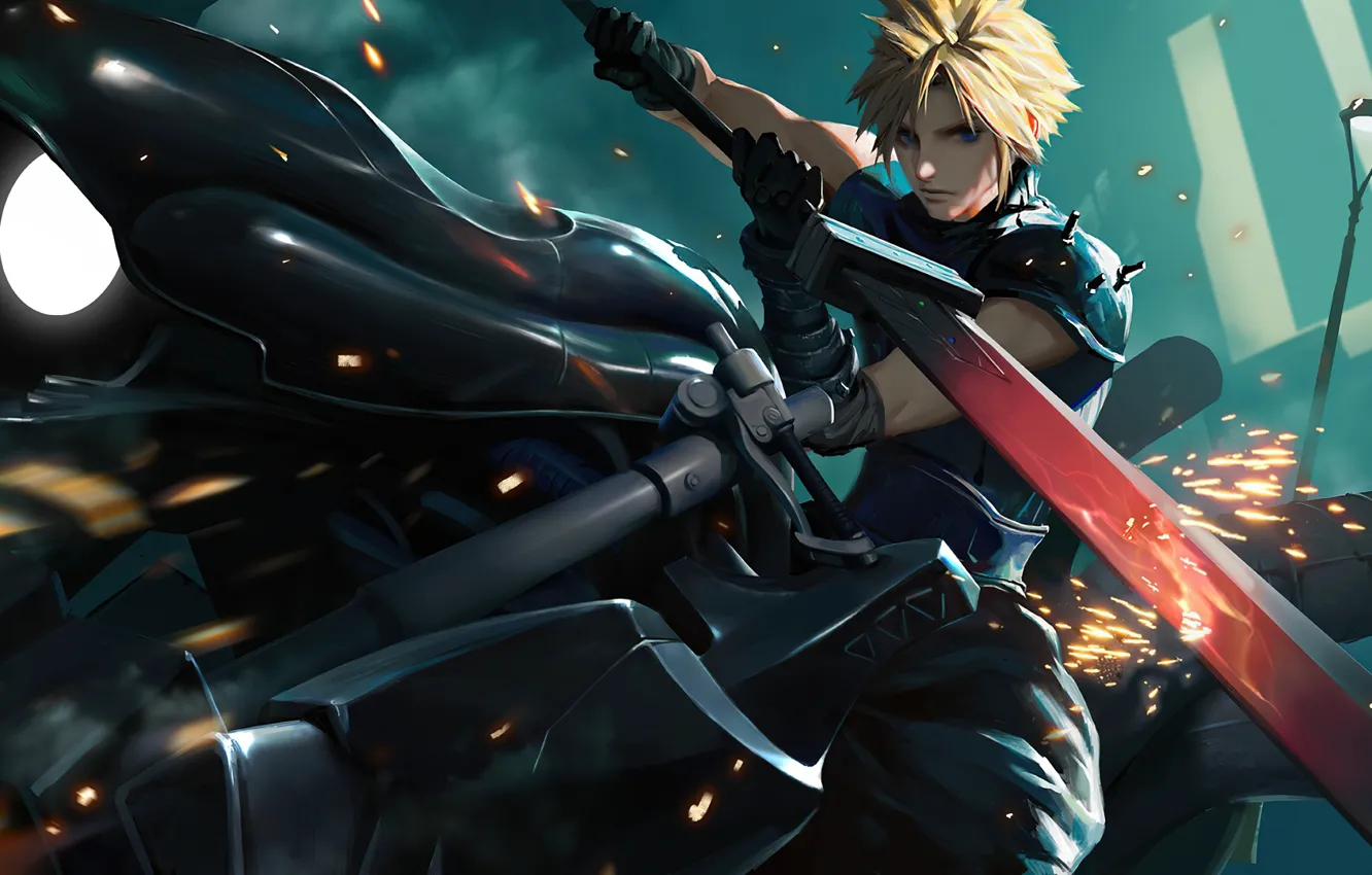 Photo wallpaper weapons, sword, motorcycle, guy, Swords, Final Fantasy, Cloud Strife