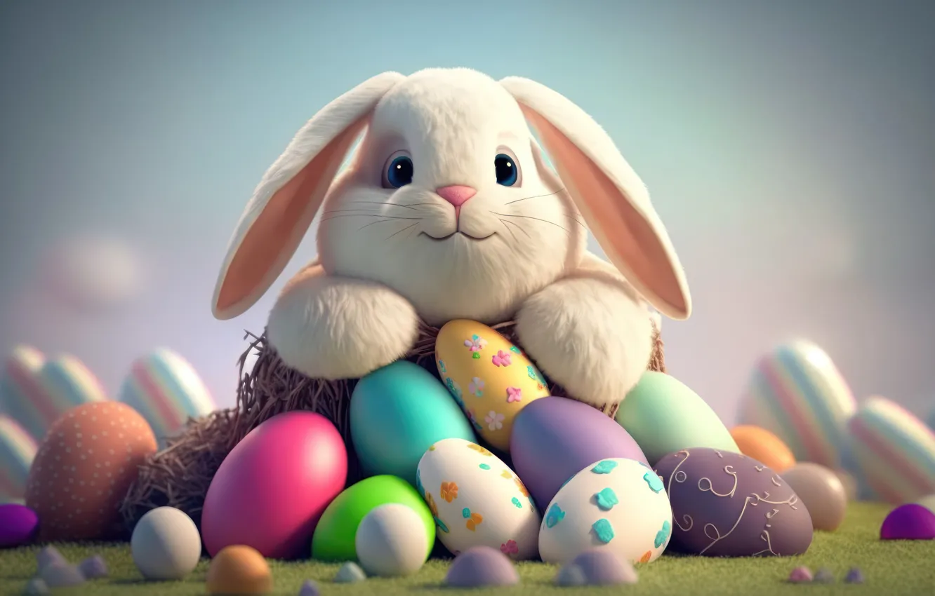 Photo wallpaper eggs, rabbit, Easter, colorful, eggs, neural network