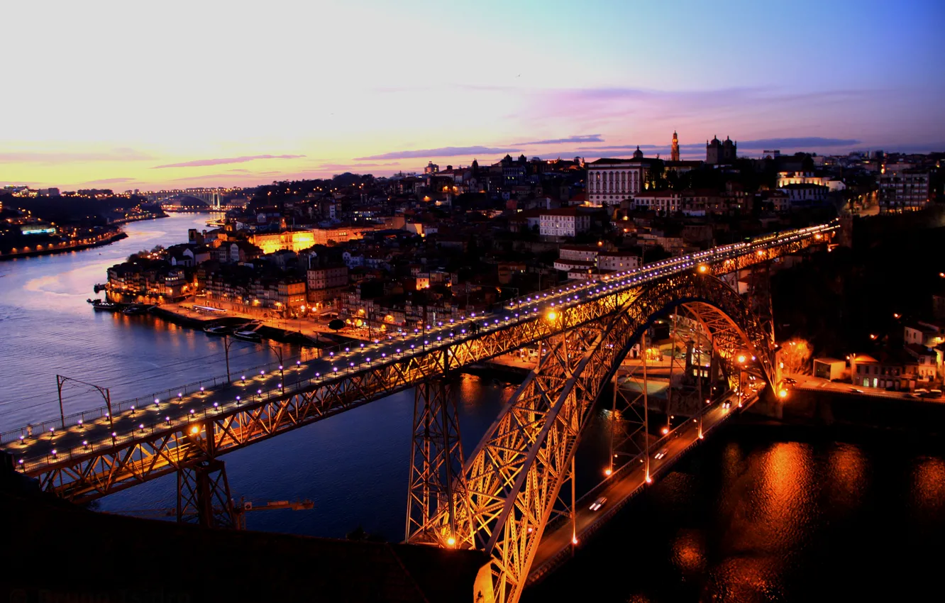 Photo wallpaper sunset, bridge, the city, river, the evening, river, bridge, sunset