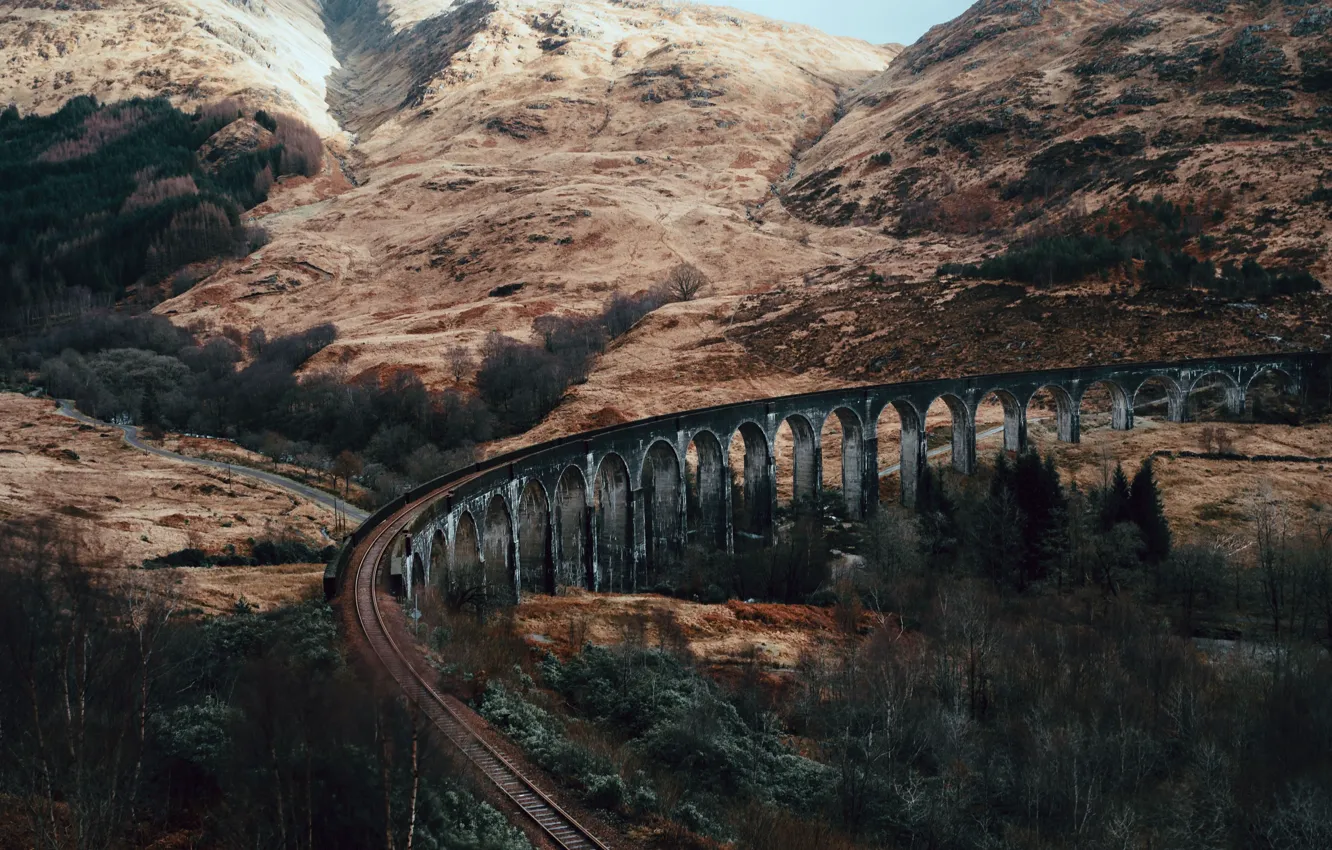 Photo wallpaper trees, landscape, mountains, nature, hills, railroad