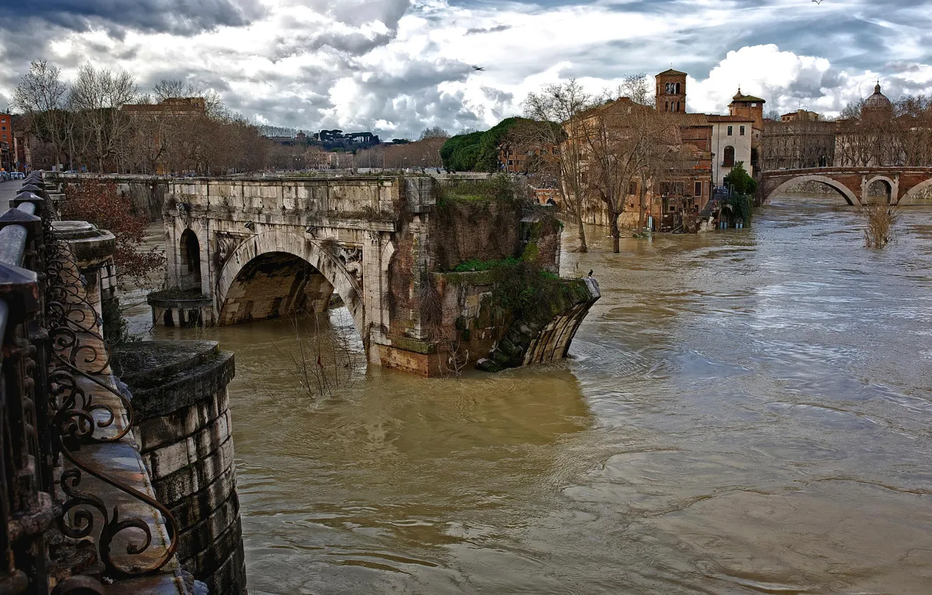 Photo wallpaper Rome, Italy, old, ruins, Roman bridge, ancient, The Tiber, water flows