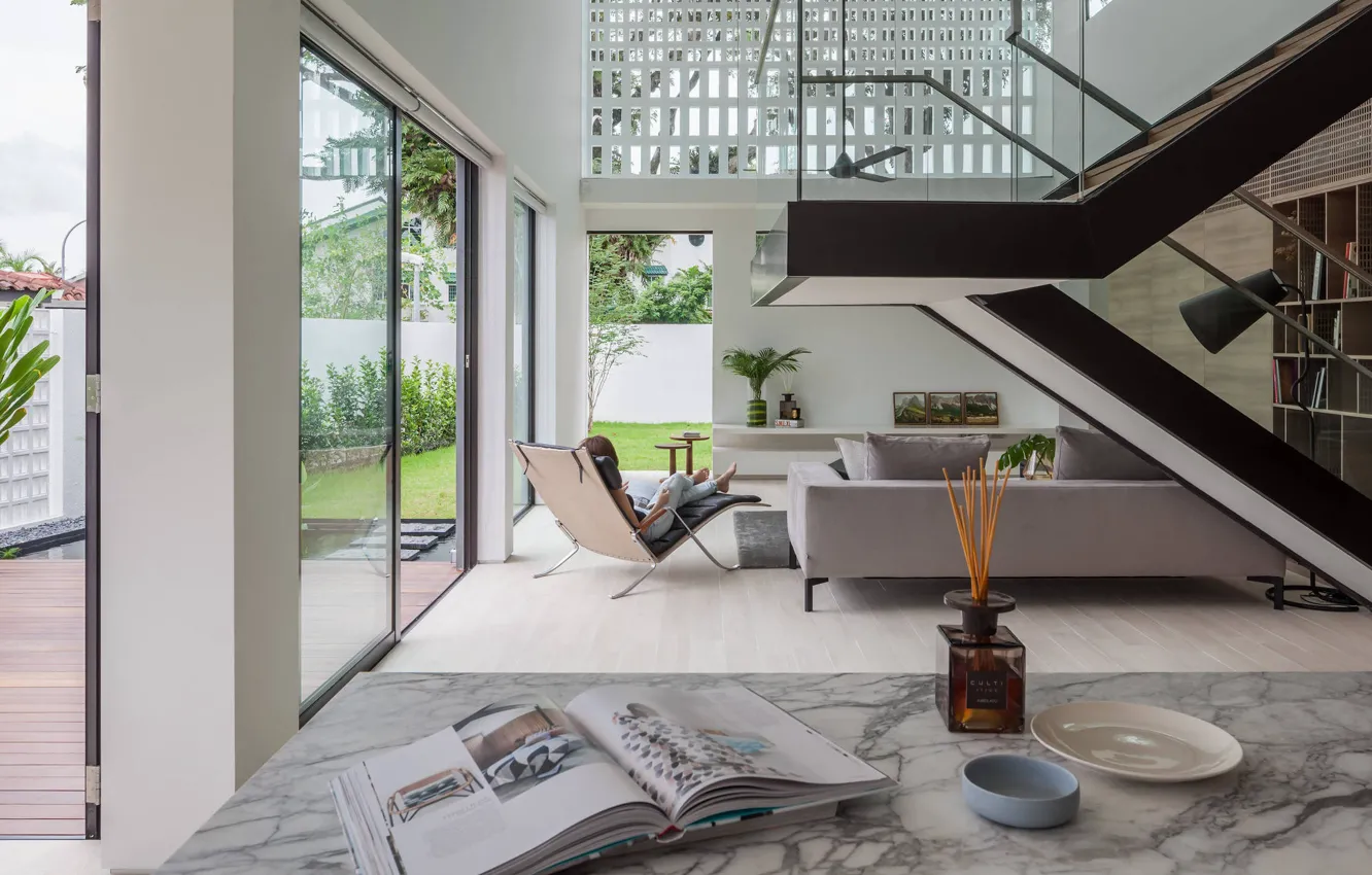 Photo wallpaper design, style, interior, Singapore, living room, Through House iin Singapore, by Materium