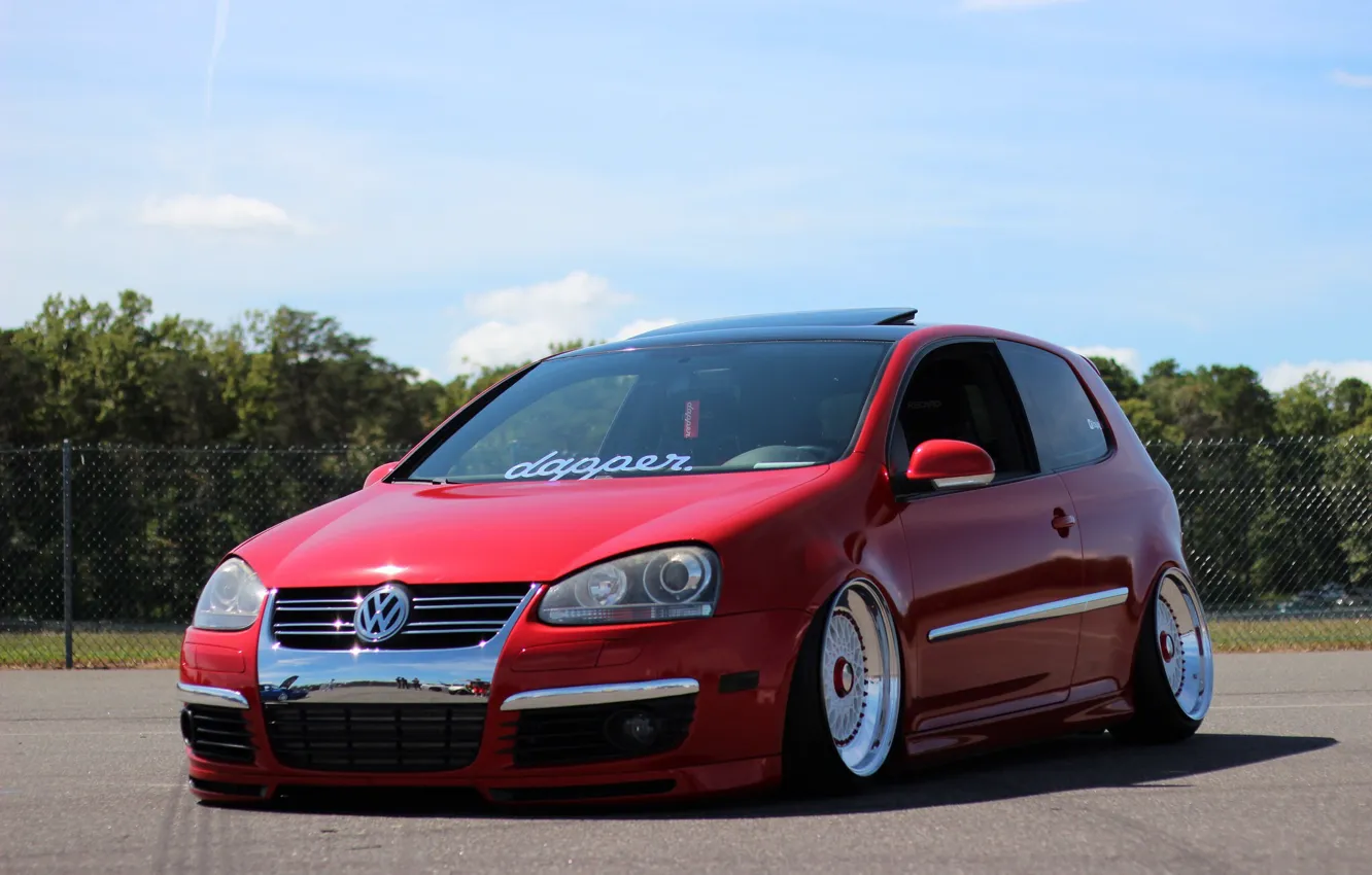 Photo wallpaper volkswagen, red, wheels, golf, tuning, front, face, germany