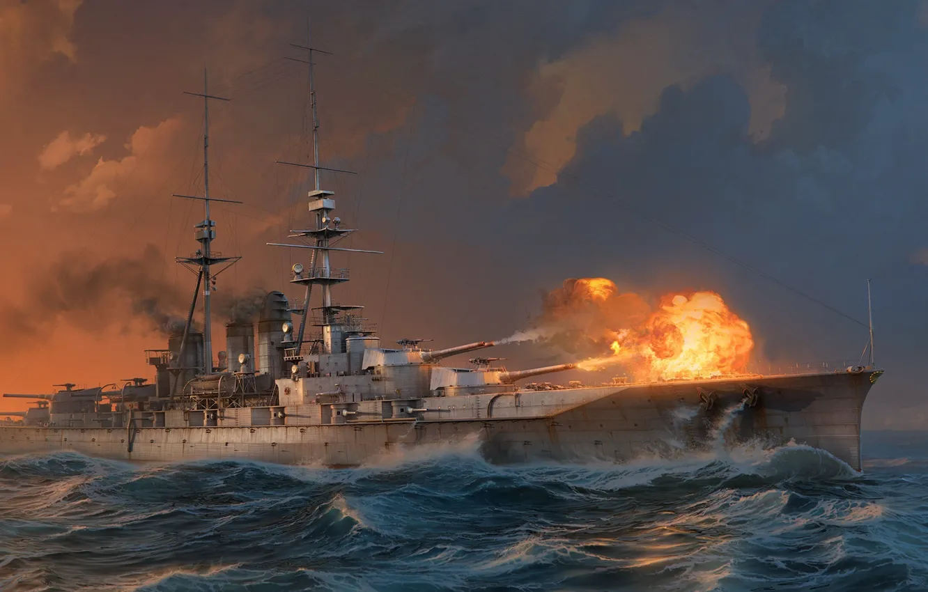 Photo wallpaper Water, Sea, Wave, Smoke, Ship, Shot, Battleship, Wargaming Net