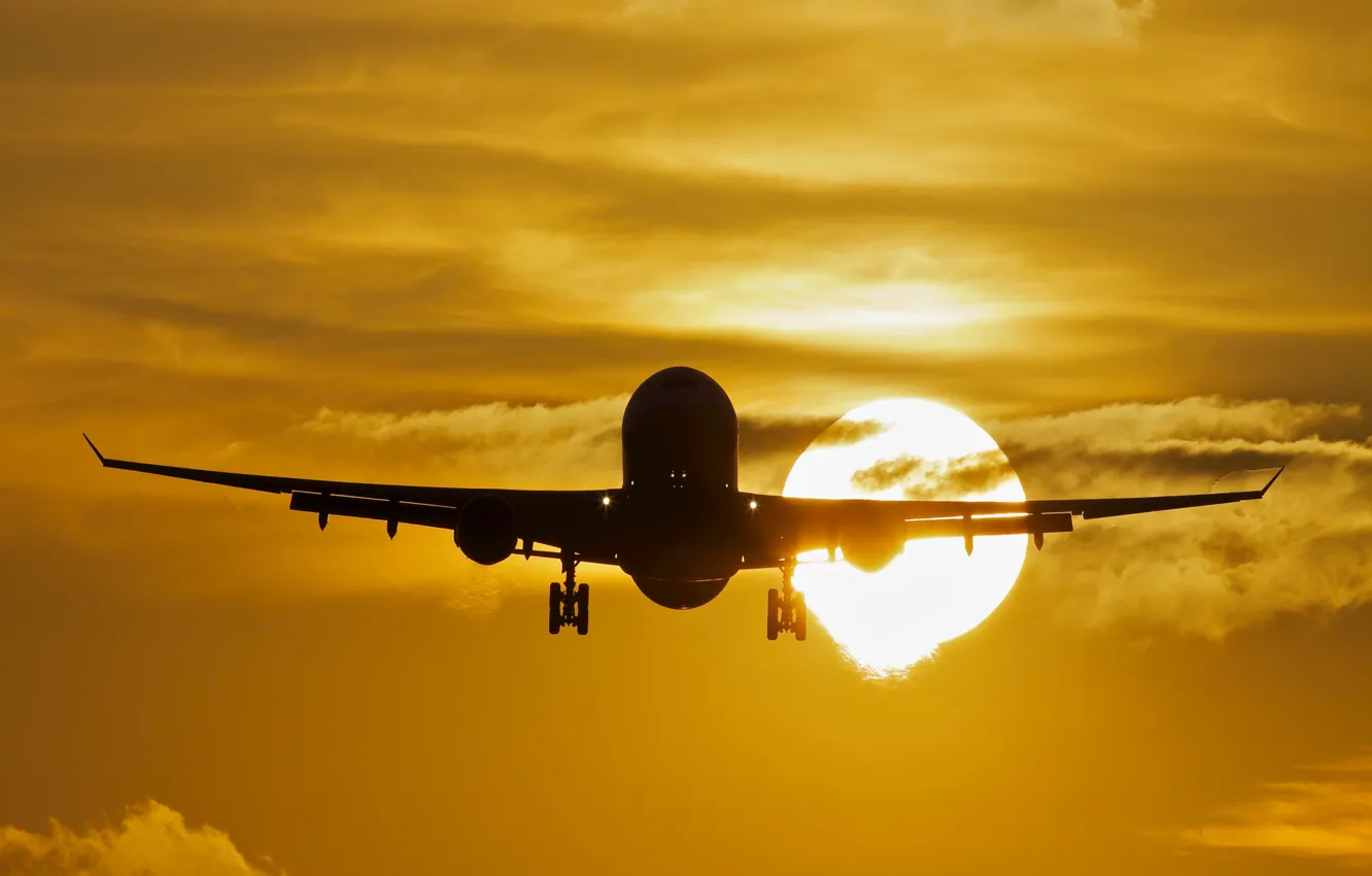 Photo wallpaper the sun, sunset, the plane, passenger, Airbus, A330