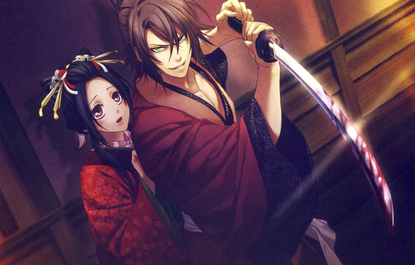 Photo wallpaper blood, katana, geisha, kimono, art, defender, Yukimura Chizuru, Okita Souji