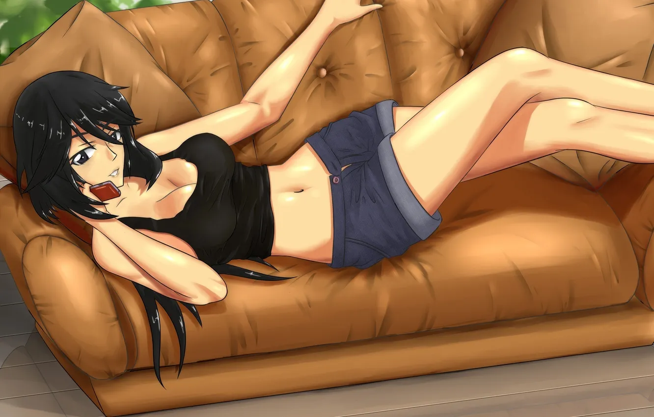 Photo wallpaper girl, sofa, anime, art, lies, phone, Infinite Sky, Infinite Stratos