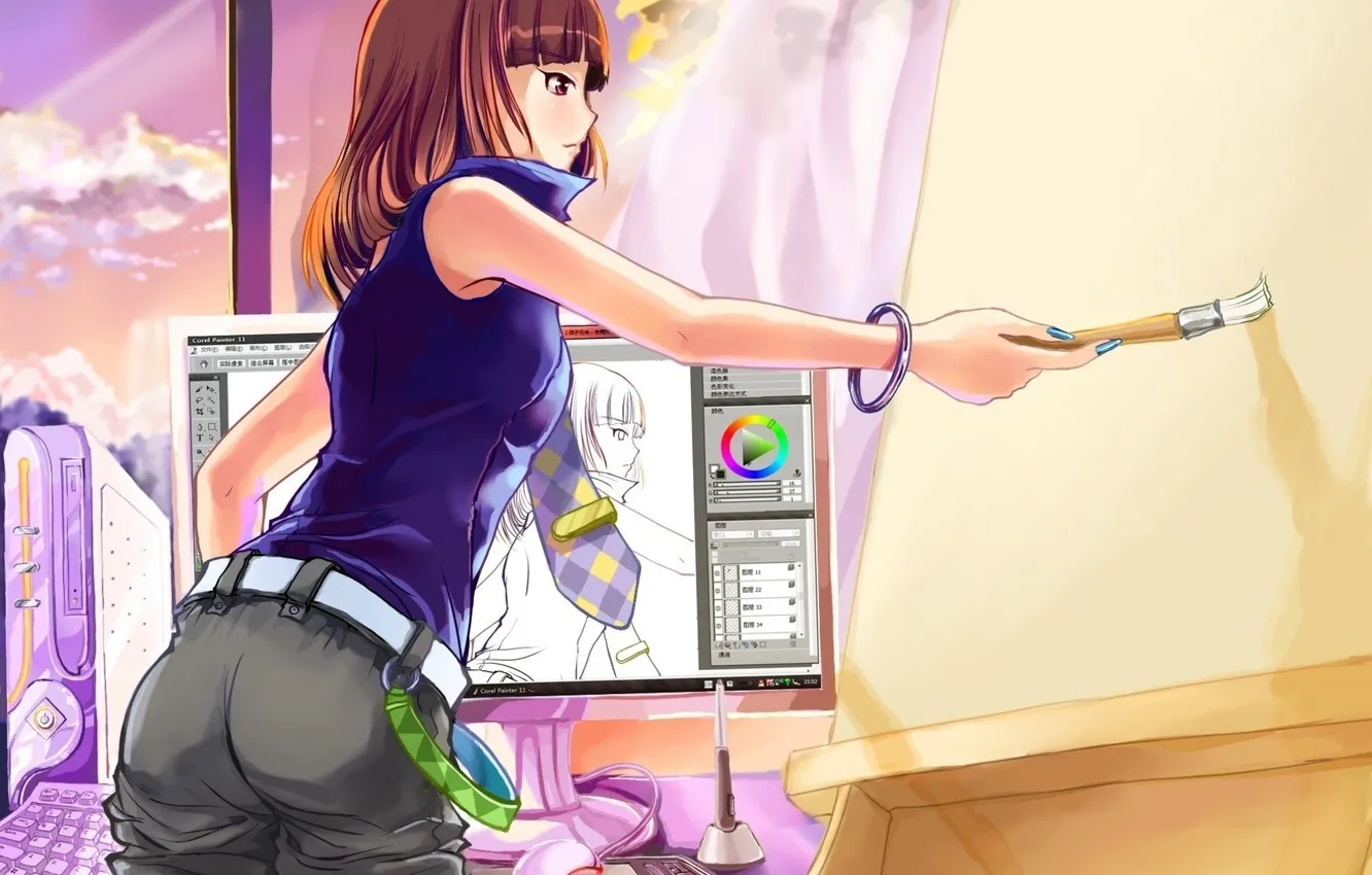 Photo wallpaper computer, girl, pose, room, paint, draws, art, arthuridea