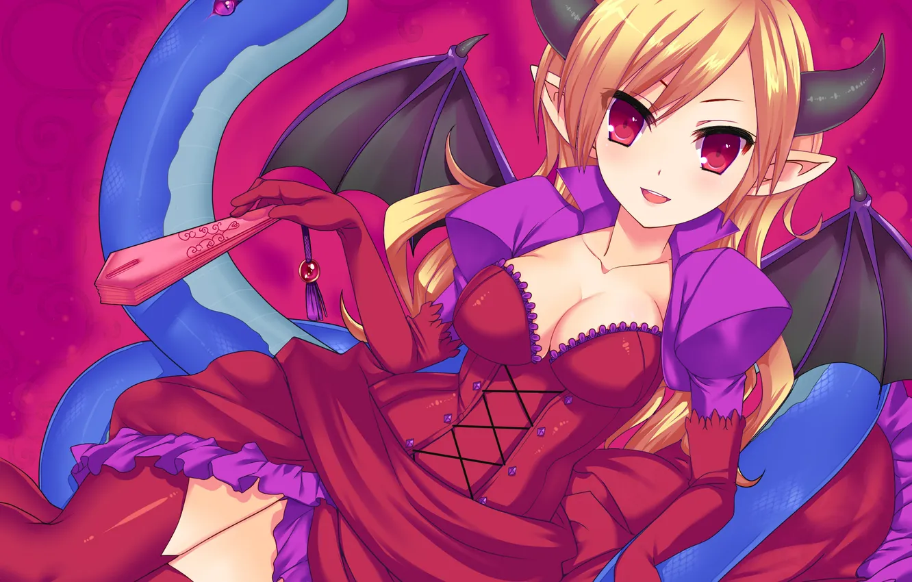 Photo wallpaper look, girl, smile, snake, the demon, fan, horns, art