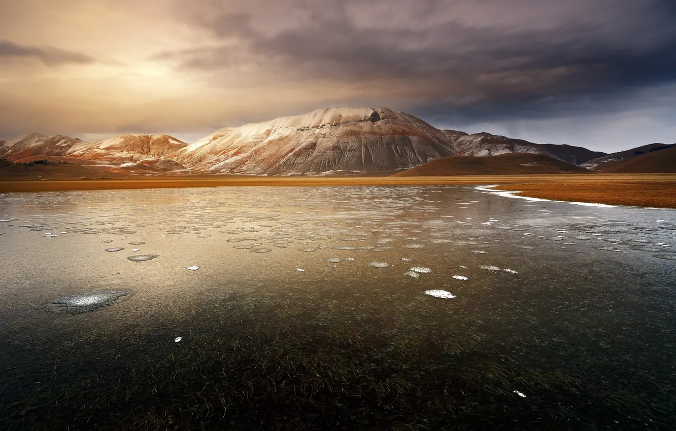 Photo wallpaper snow, mountains, nature, lake, shore