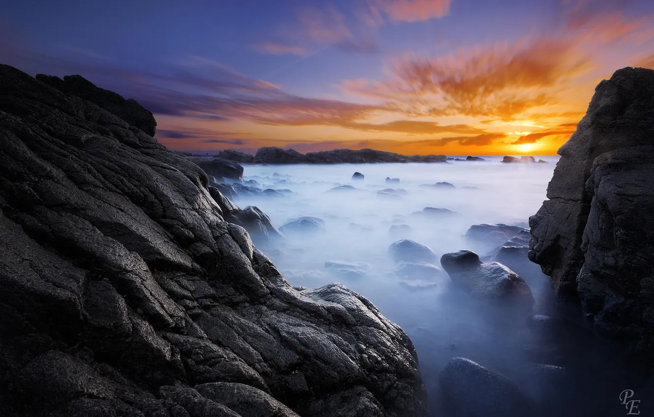 Photo wallpaper sea, landscape, nature, stones, rocks, dawn, shore