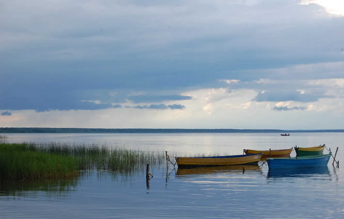 Photo wallpaper water, lake, boat, calm