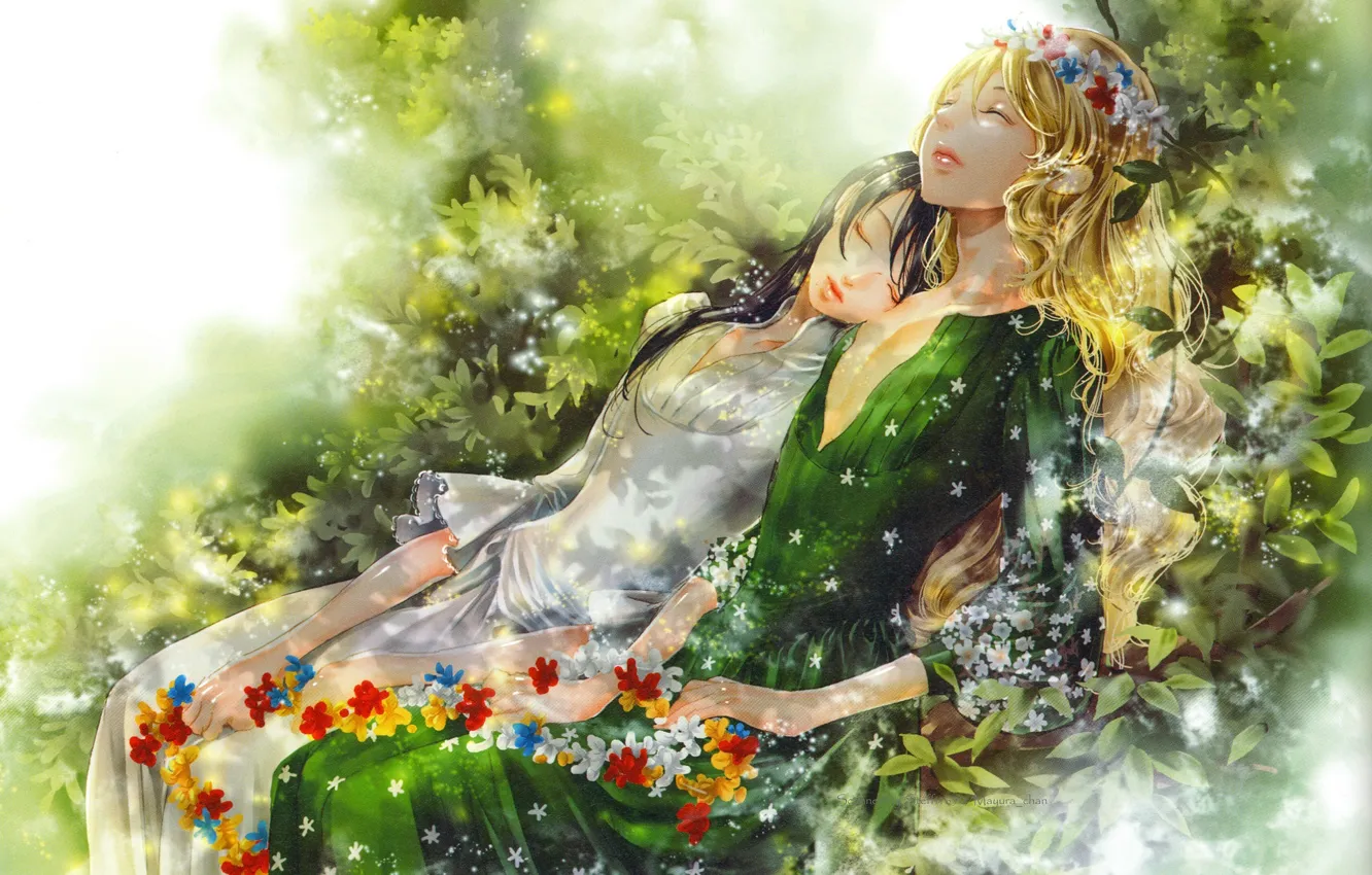 Photo wallpaper sleep, white dress, green dress, Adekan, green foliage, two girls, summer day, a wreath of …
