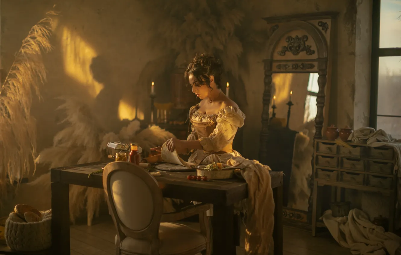 Photo wallpaper chest, girl, light, pose, table, room, wall, basket