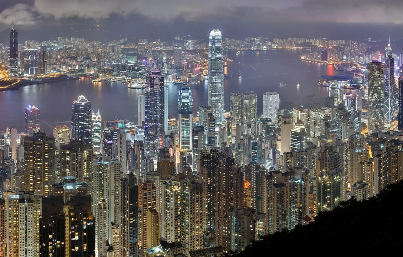 Photo wallpaper night, building, Hong Kong, skyscrapers