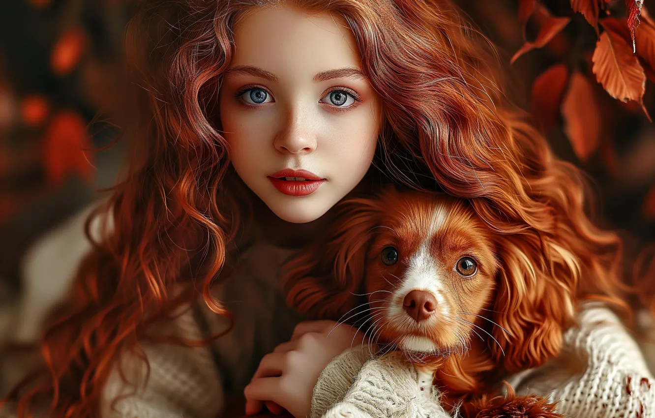 Photo wallpaper autumn, look, leaves, girl, each, portrait, dog, girl