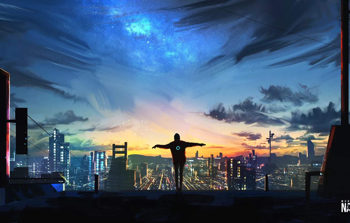 Photo wallpaper The sky, Figure, The city, People, View, City, Roof, Landscape