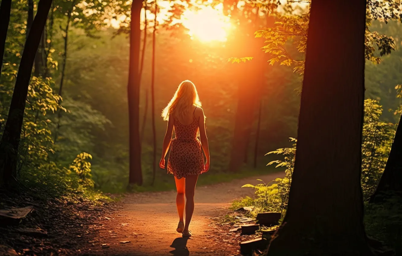 Photo wallpaper girl, forest, trees, nature