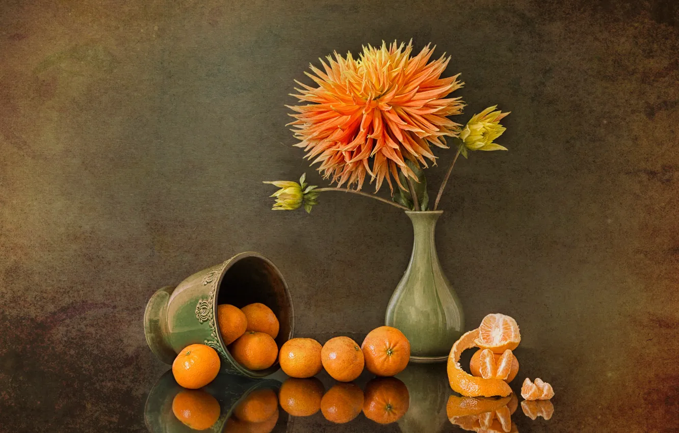 Photo wallpaper fantasy, still life, peonies, tangerines, oranges
