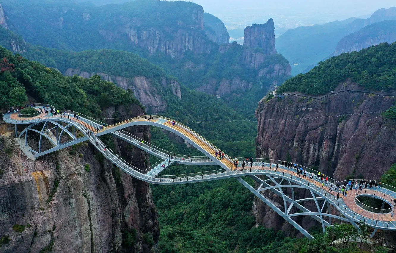 Photo wallpaper forest, trees, landscape, mountains, bridge, nature, rocks, China