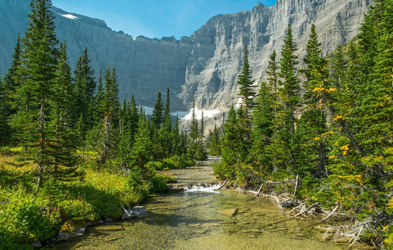 Photo wallpaper the sky, mountains, river, tree