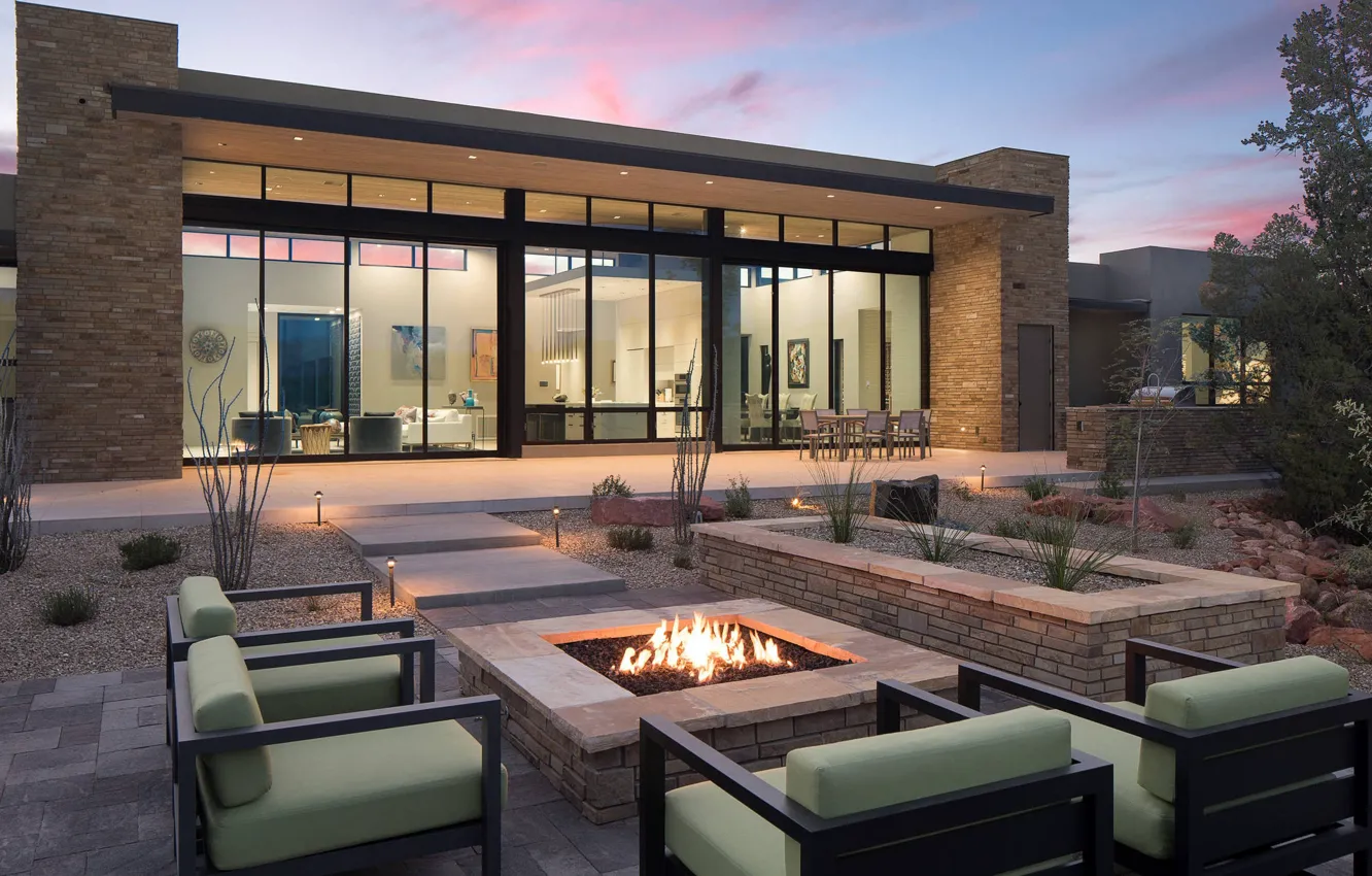 Photo wallpaper Villa, the evening, lighting, yard, AZ, architecture, hearth, Arizona