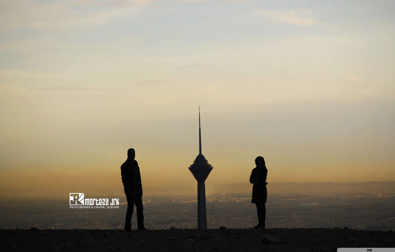 Photo wallpaper city, dark, tower, sunset, view, capital, persia, boy and girl