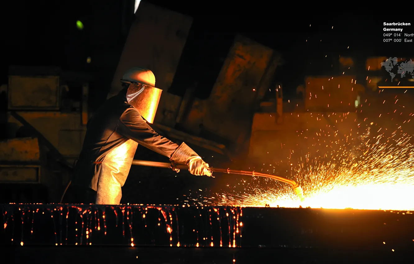 Photo wallpaper sparks, worker, fire metal, personal protection, work clothes