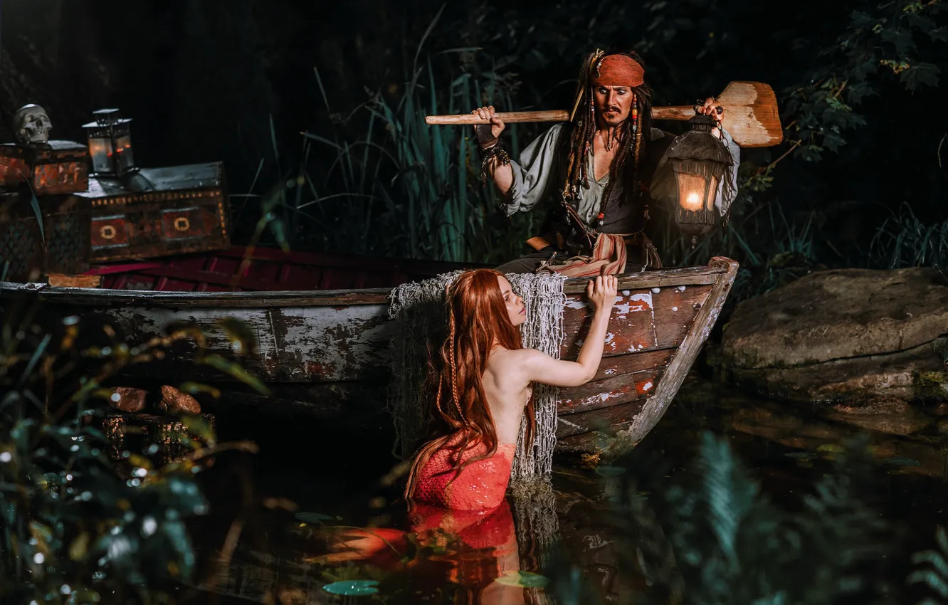 Photo wallpaper girl, boat, mermaid, fantasy, lights, male, Jack Sparrow, paddle