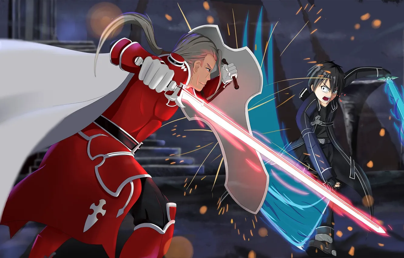 Photo wallpaper sword, armor, rage, sparks, blow, shield, knight, cloak