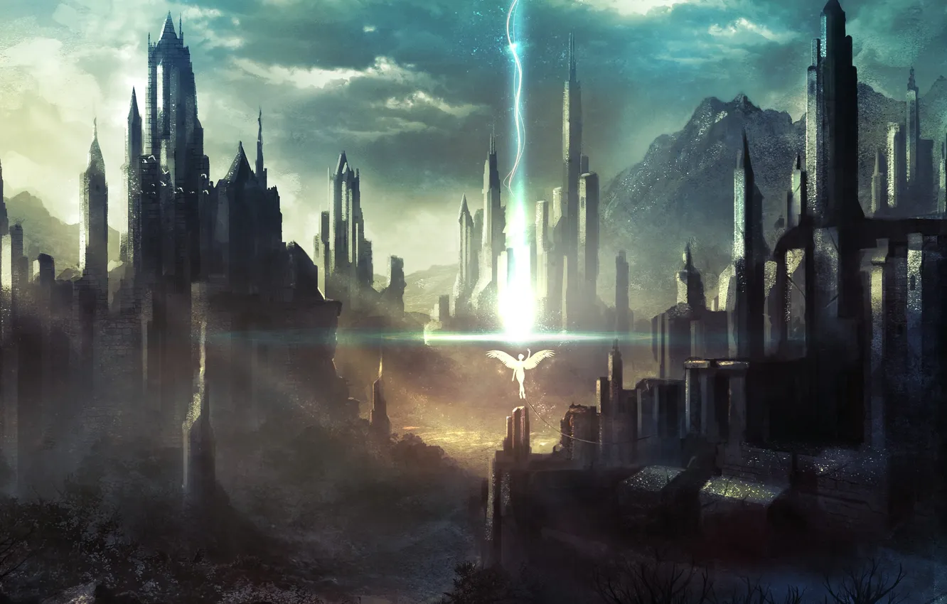 Photo wallpaper city, art, angel